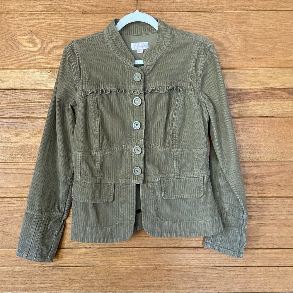 Vintage 90s Y2K Xhiliration corduroy brown tan ruffle trim blazer jacket